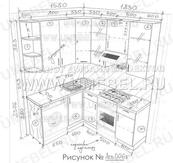 Проект кухни №  Лев006б  Размеры кухонной мебели 1580 мм х 1830 мм. Высота кухни 2376 мм.
Это проект угловой кухни с прямым угловым столом, со шкафом над вытяжкой, обычной плитой, прямоугольной мойкой с крылом, с не встроенной стиральной машиной.
