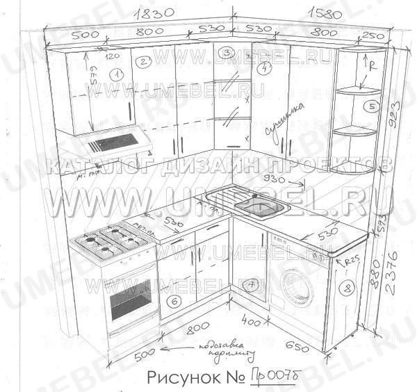 Проект кухни №  Пр007б  Размеры кухонной мебели 1830 мм х 1580мм. Высота кухни 2376 мм.
Это проект угловой кухни с прямым угловым столом, со шкафом над вытяжкой, обычной плитой, прямоугольной мойкой с крылом, с не встроенной стиральной машиной.
