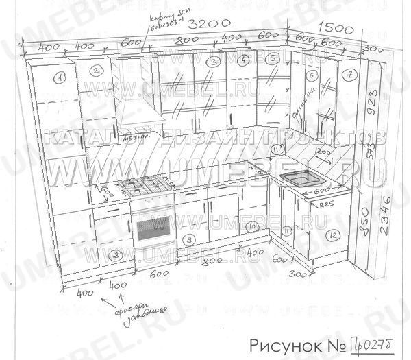 Проект кухни № Пр027б  Размеры кухонной мебели 3200 мм х 1500 мм. Высота кухни 2346 мм.  Это проект угловой кухни со столом с глухой стенкой, квадратной мойкой, купольной вытяжкой без шкафчика над ней, обычной плитой, пенал справа 400*550*2346.
