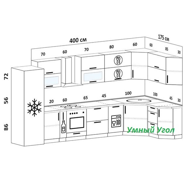 Черно-белый проект угловой кухни 4 м х 1,75 м для ЖК на Парнасе