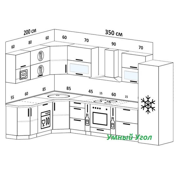 Черно-белый проект угловой кухни 2 м х 3,5 м для ЖК в Шушарах